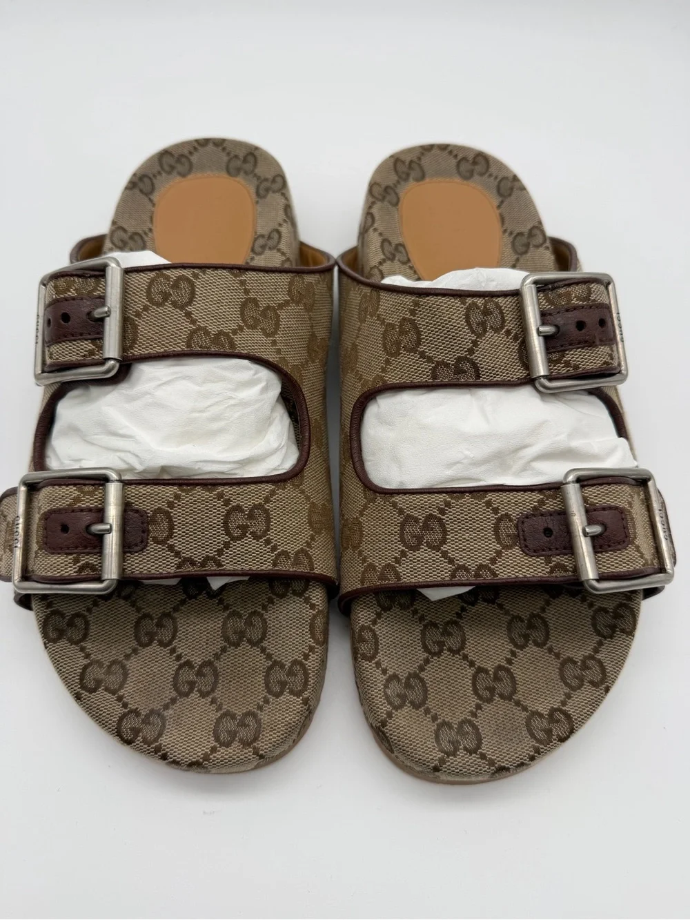 Gucci GG Lavaredo Monogram Canvas Leather Slip on Double Buckle Sandals Men's 6